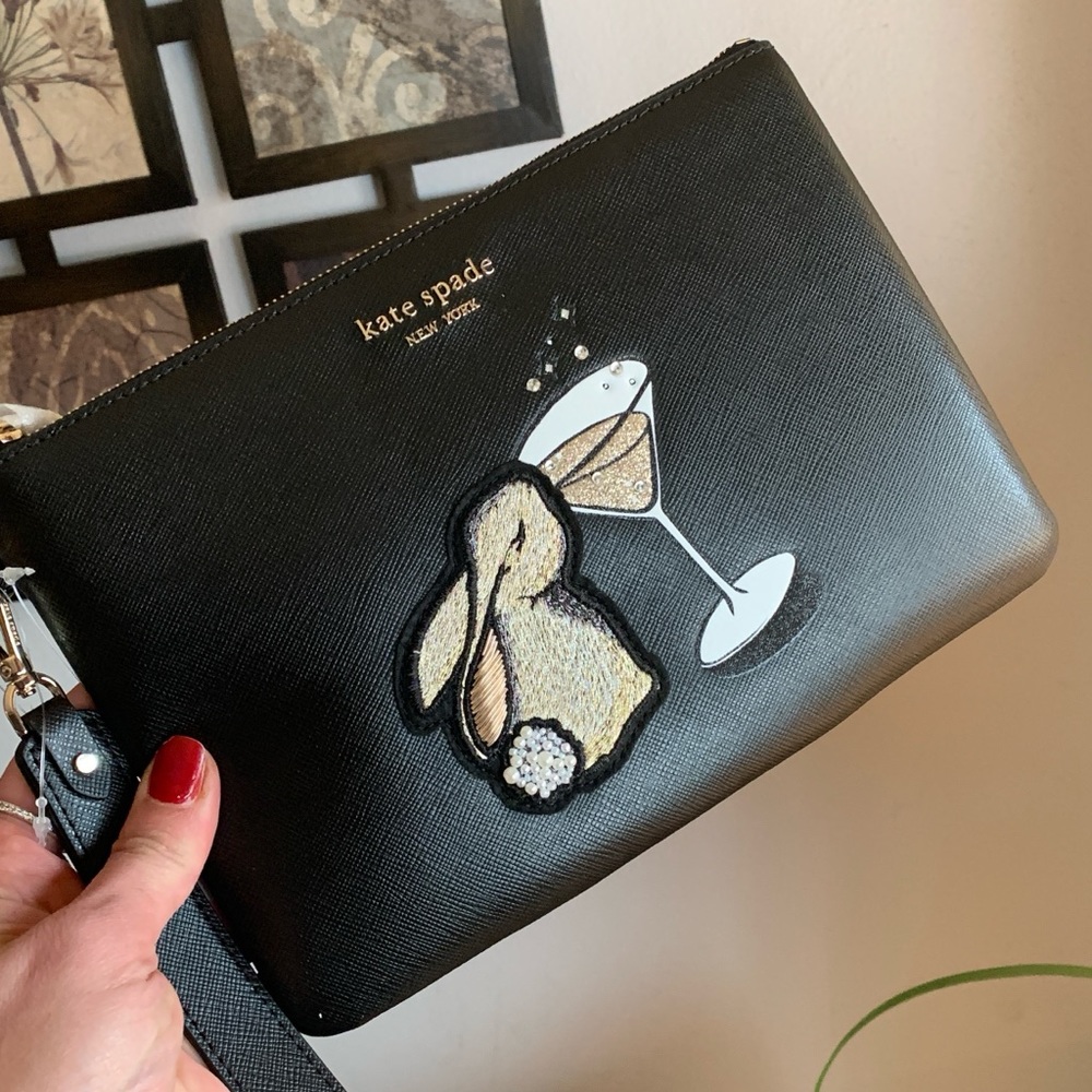 Authentic KATE SPADE leather large zip top wristlet Bunny glitter pearls - Picture 5 of 11